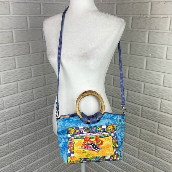 Vintage Anne Ormsby Surviving Stress Bamboo Handle Canvas Beach Purse - Picture 3 of 15